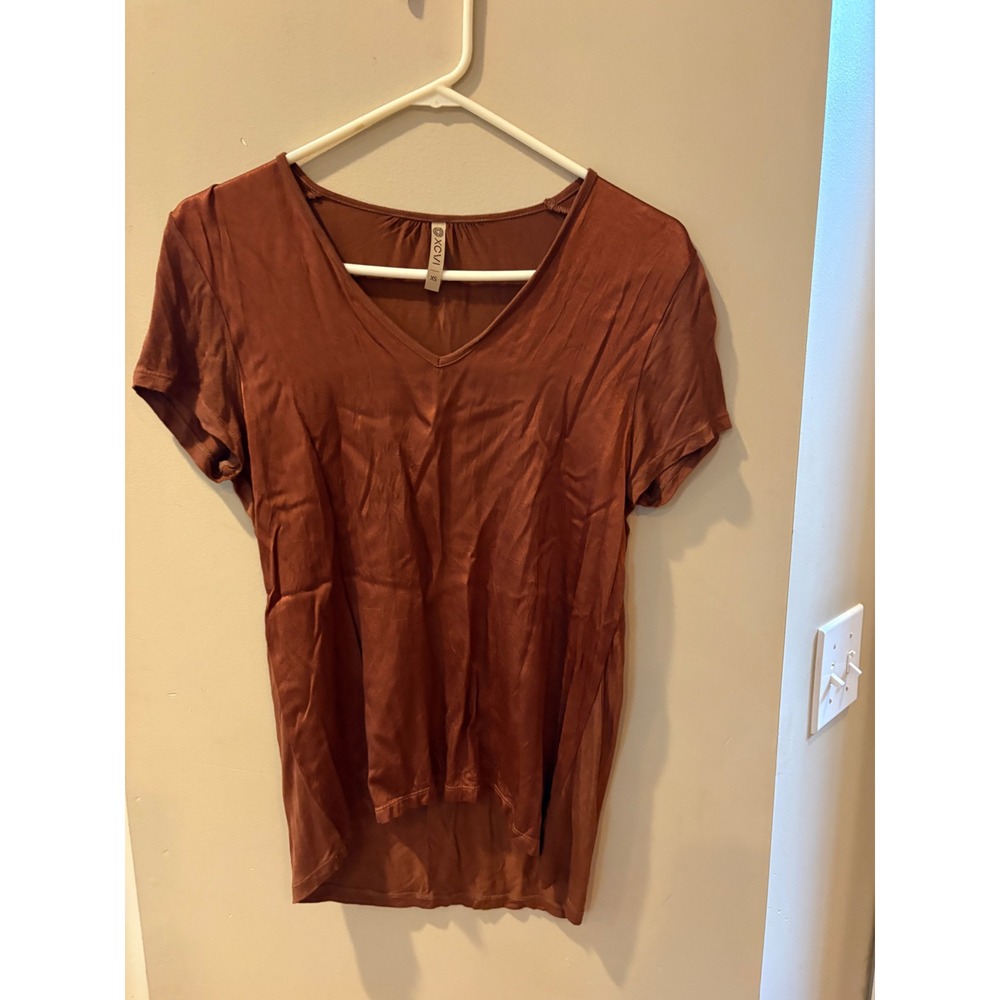 XCVI Womens Rust Brown‎ V-Neck Short Sleeve High-Low Hem Top XS